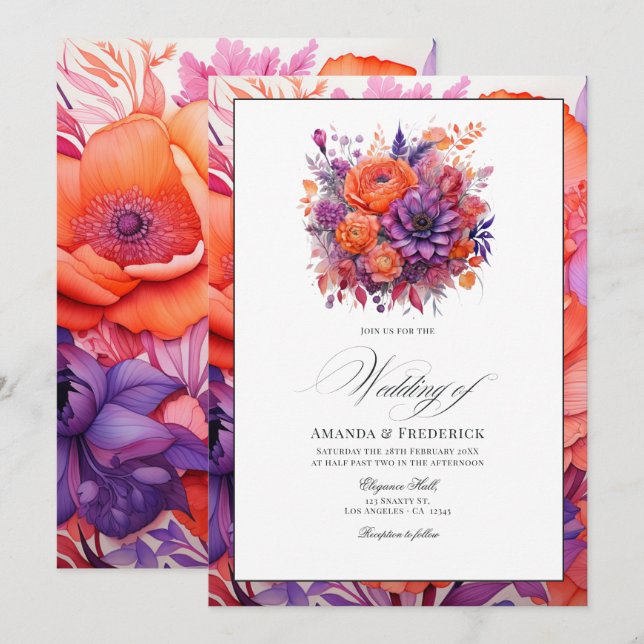 Tangerine, Hot-Pink & Royal Purple Floral Wedding Invitation (Front/Back)