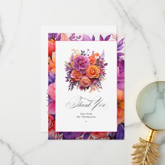 Tangerine, Hot-Pink & Royal Purple Floral Wedding Thank You Card (Front/Back In Situ)
