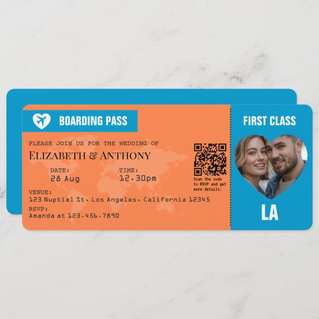 Tangerine & Lagoon Blue Boarding Pass Wedding Invitation (Front/Back)