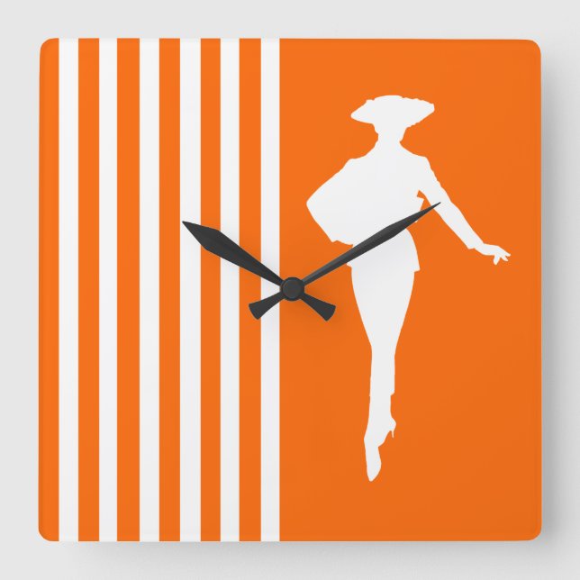 Tangerine Modern Stripes with Fashion Silhouette Square Wall Clock (Front)