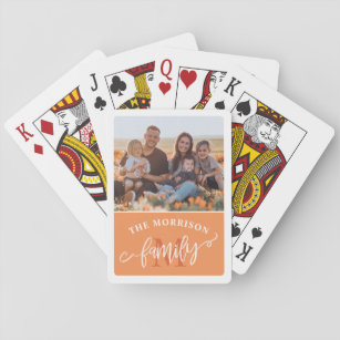 Tangerine Monogram Brush Script Family Photo Playing Cards