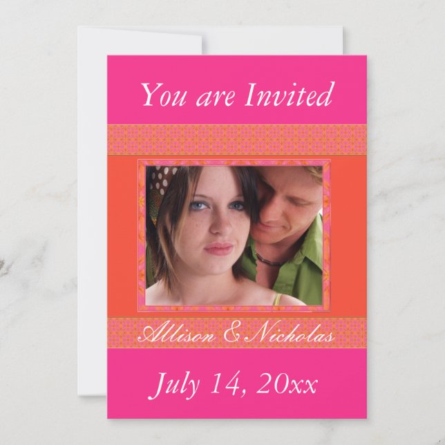 Tangerine Orange and  Pin Photo Wedding Invitation (Front)
