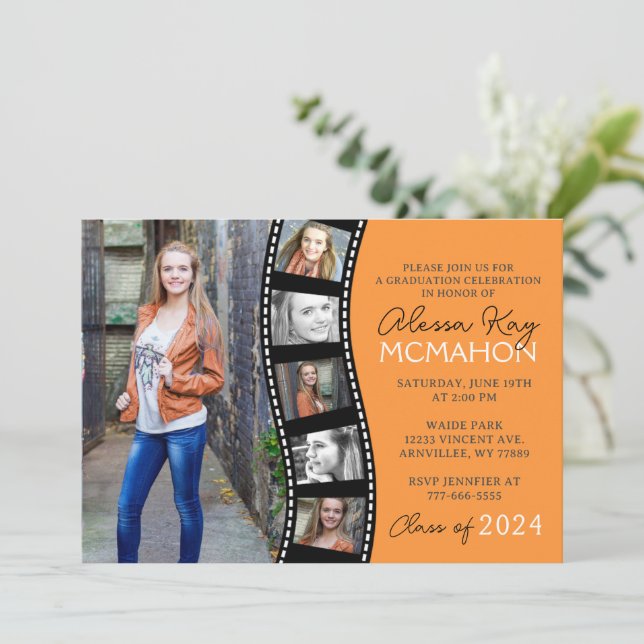Tangerine Orange Filmstrip 6 Photo Graduation Invitation (Standing Front)
