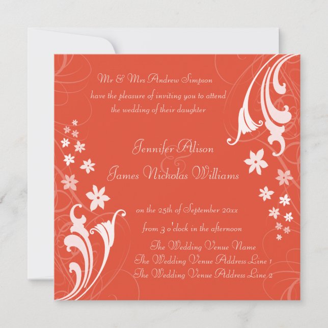 Tangerine Orange Floral Swirls Wedding Invitations (Front)
