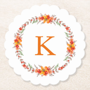Tangerine Orange Floral Wreath Monogram Wedding Paper Coaster