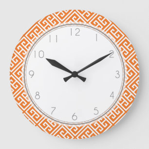 Tangerine Orange Greek Key Pattern Large Clock