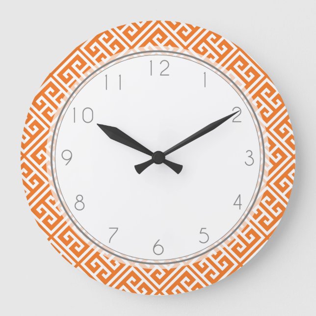 Tangerine Orange Greek Key Pattern Large Clock (Front)