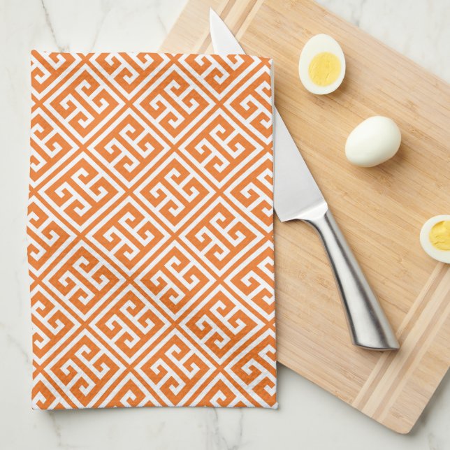 Tangerine Orange Greek Key Pattern Tea Towel (Quarter Fold)
