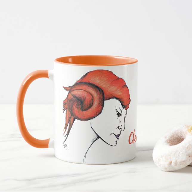 Tangerine Orange Haired Woman Portrait Pop Art Mug (With Donut)