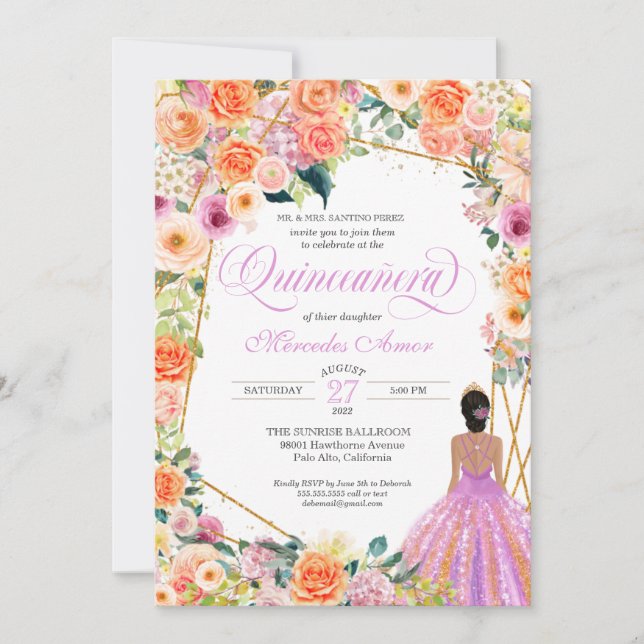 Tangerine Orange Peach Blush Roses Quinceanera Inv Invitation (Front)