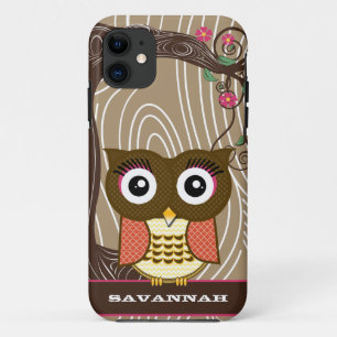 Tangerine Owl Wood Grain Tree Zig Zag Choose Colou iPhone 11 Case