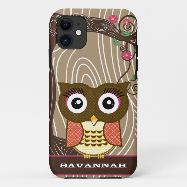 Tangerine Owl Wood Grain Tree Zig Zag Choose Colou Case-Mate iPhone Case (Back)