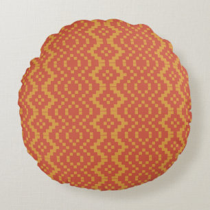 Tangerine Red Egyptian Tribal Ethnic Basket Weave Round Cushion