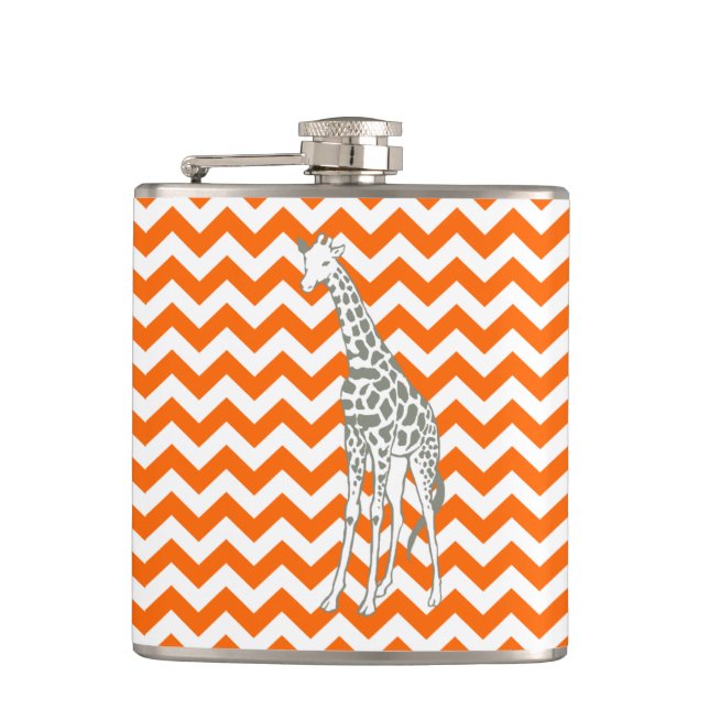 Tangerine Safari Chevron with Pop Art Giraffe Hip Flask (Front)