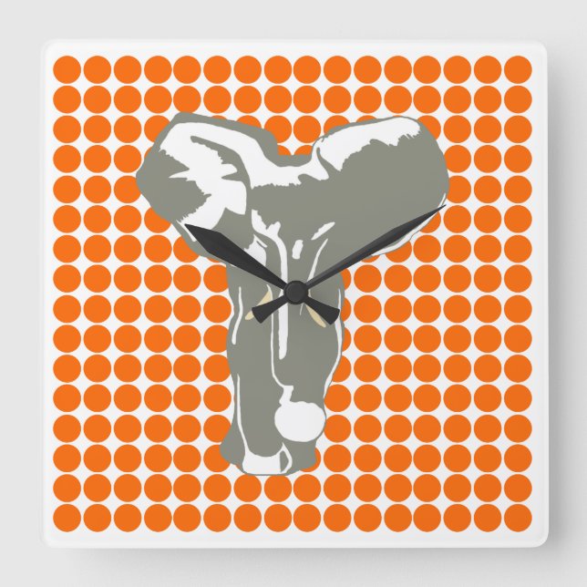 Tangerine Safari Dot with Pop Art Elephant Square Wall Clock (Front)