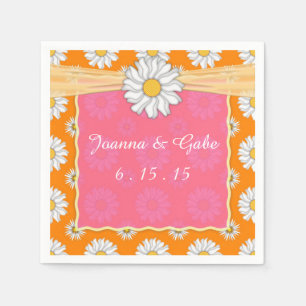 Tangerine Tango Orange Pink Daisy Floral Wedding Napkin
