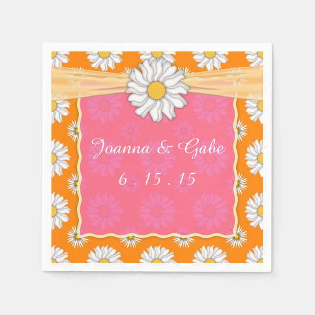 Tangerine Tango Orange Pink Daisy Floral Wedding Napkin (Front)