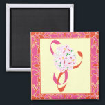 Tangerine Tango, Pink, Damask Wedding Favour Magnet<br><div class="desc">This magnet is decorated with a wedding bouquet  superimposed on a lemon background with a Tangerine Tango and Pink damask frame..</div>