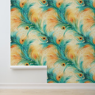 Tangerine Turquoise Abstract Peacock Feathers Wallpaper