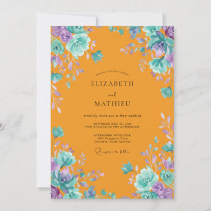 Tangerine Turquoise Painted Wedding Invitation