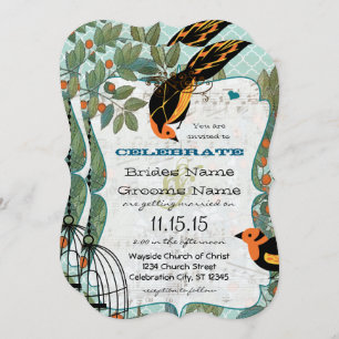 Tangerine Yellow & Black Art Deco Inspired Birds Invitation