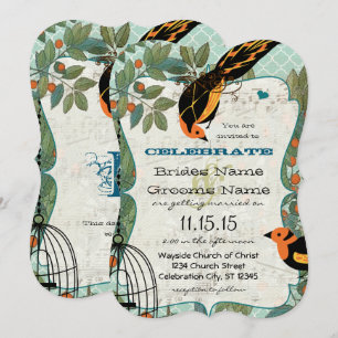 Tangerine Yellow & Black Art Deco Inspired Birds Invitation