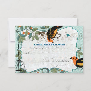 Tangerine Yellow & Black Art Deco Inspired Birds Invitation