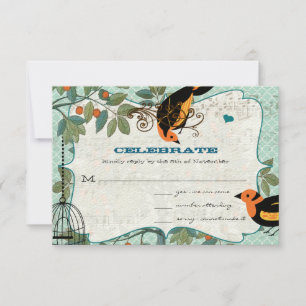 Tangerine Yellow & Black Art Deco Inspired Birds RSVP Card
