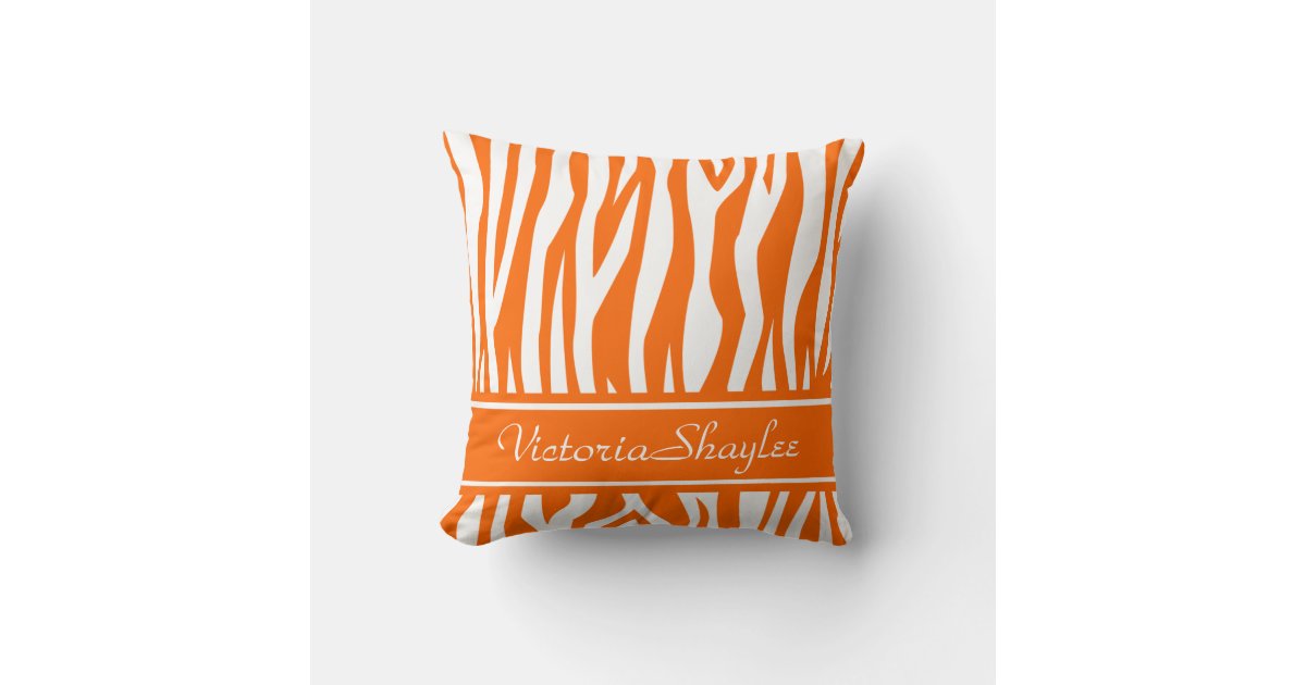 Tangerine Zebra Print with custom text Cushion Zazzle