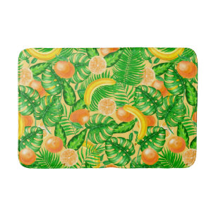 Tangerines, bananas and tropical leaves bath mat