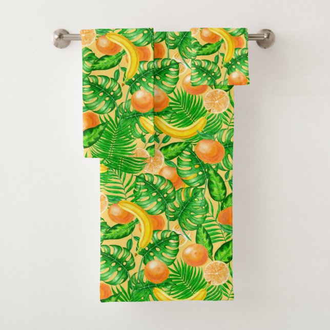 Tangerines, bananas and tropical leaves bath towel set (Insitu)