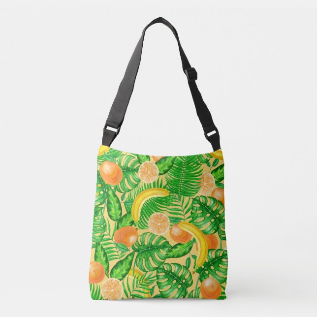 Tangerines, bananas and tropical leaves crossbody bag (Front)