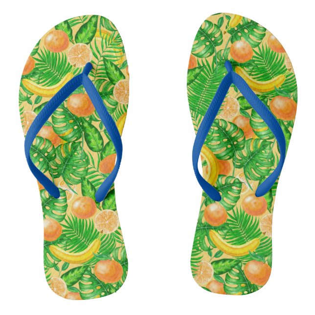 Tangerines, bananas and tropical leaves flip flops (Footbed)