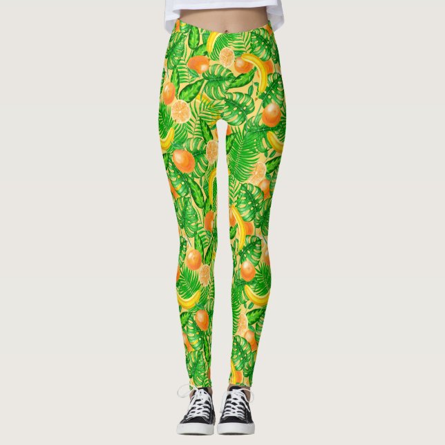 Tangerines, bananas and tropical leaves leggings (Front)