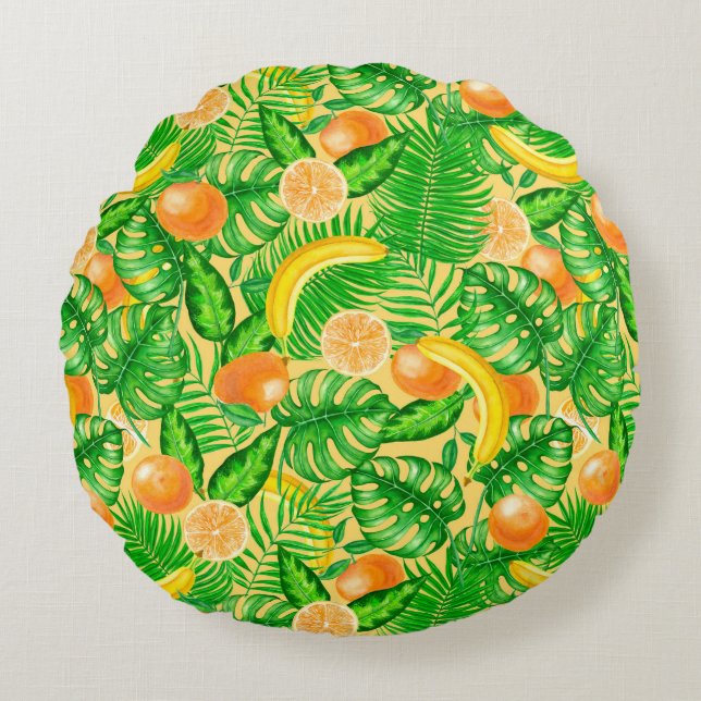 Tangerines, bananas and tropical leaves round cushion (Front)