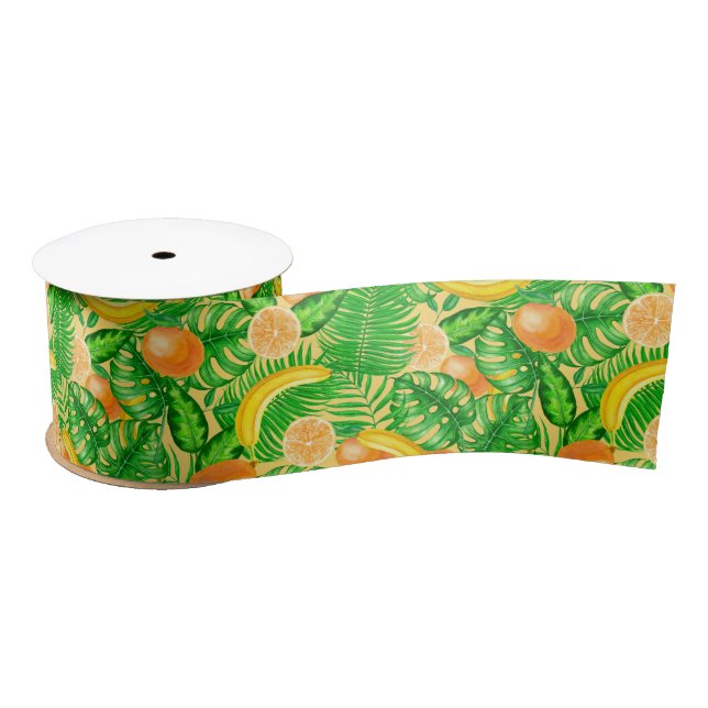 Tangerines, bananas and tropical leaves satin ribbon (Spool)