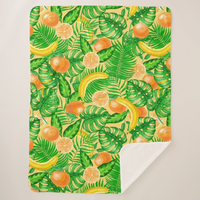 Tangerines, bananas and tropical leaves sherpa blanket (Front)