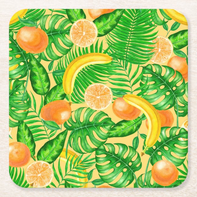 Tangerines, bananas and tropical leaves square paper coaster (Front)