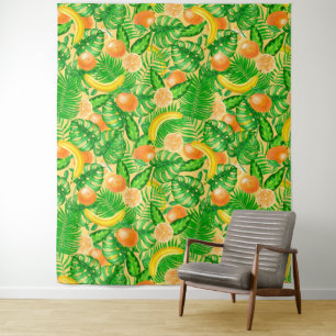 Tangerines, bananas and tropical leaves tapestry