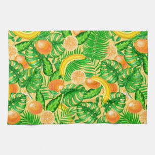 Tangerines, bananas and tropical leaves tea towel