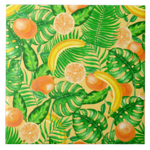 Tangerines, bananas and tropical leaves tile