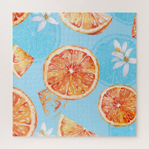Tangerines Watercolor: Blue Luxurious Fabric Jigsaw Puzzle