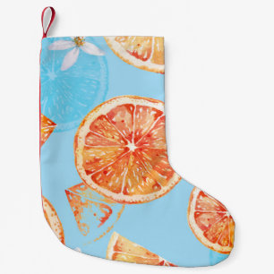 Tangerines Watercolor: Blue Luxurious Fabric Small Christmas Stocking