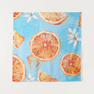 Tangerines Watercolor: Blue Luxurious Fabric Tapestry