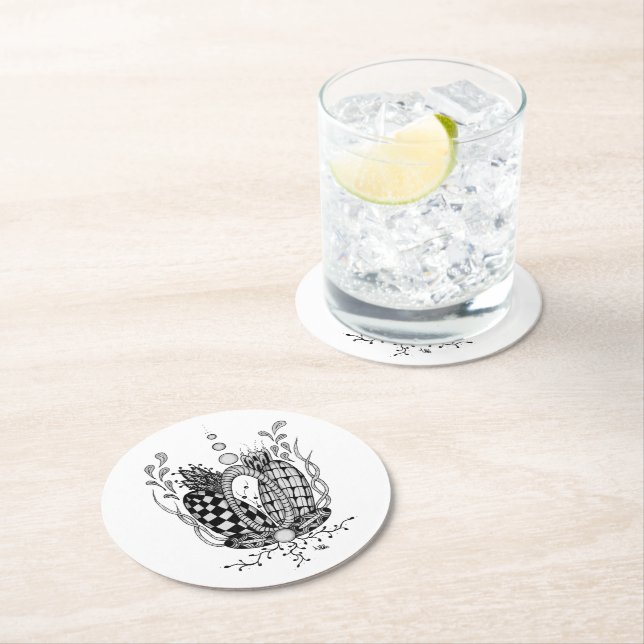 Tangle art: floral design, ovale - round paper coaster (Insitu)