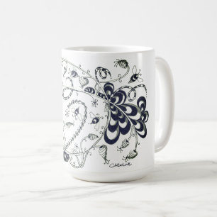Tangle black and white pen drawing depicting bees coffee mug