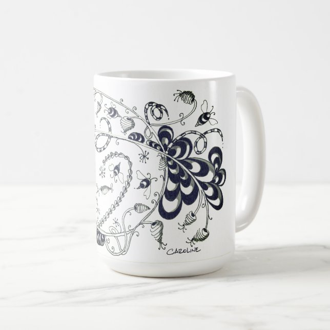 Tangle black and white pen drawing depicting bees coffee mug (Front Right)