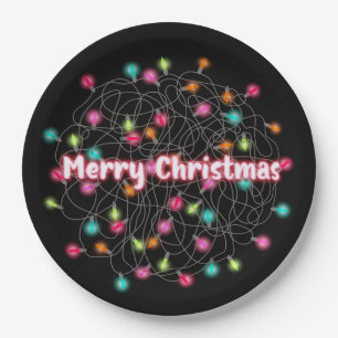 Tangled Christmas Lights Merry Christmas Neon Text Paper Plate