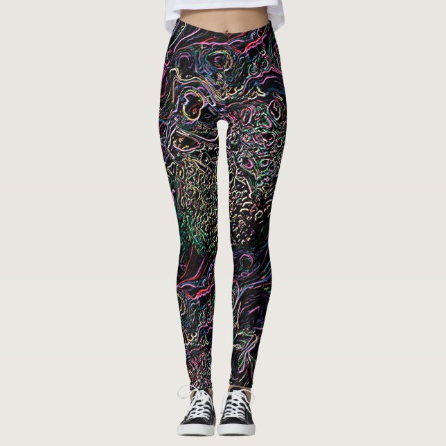 Tangled Colourful Rainbow Line Jumbled Knots Black Leggings (Front)