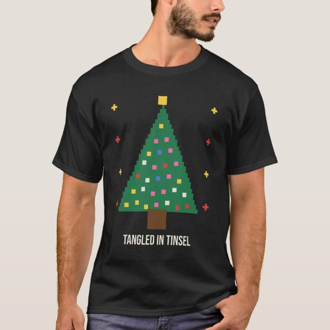Tangled in Tinsel Pixel Christmas Tree Funny Tee (Front)